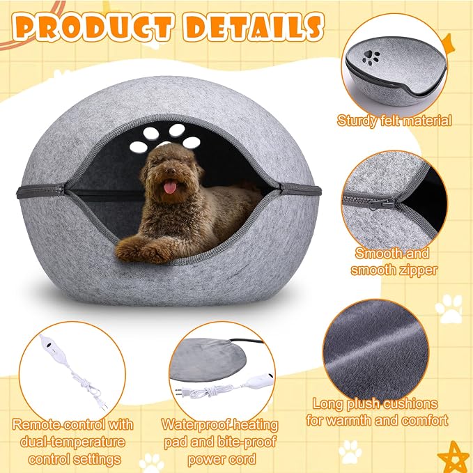 Beeveer Heated Cat Bed, Indoor Heated Cat Cave, Warmer Thermal Pet Bed with Removable Waterproof Heater for Kitty Small Dogs Gray(19.7X 17.8 x 13 Inches) - Image 4