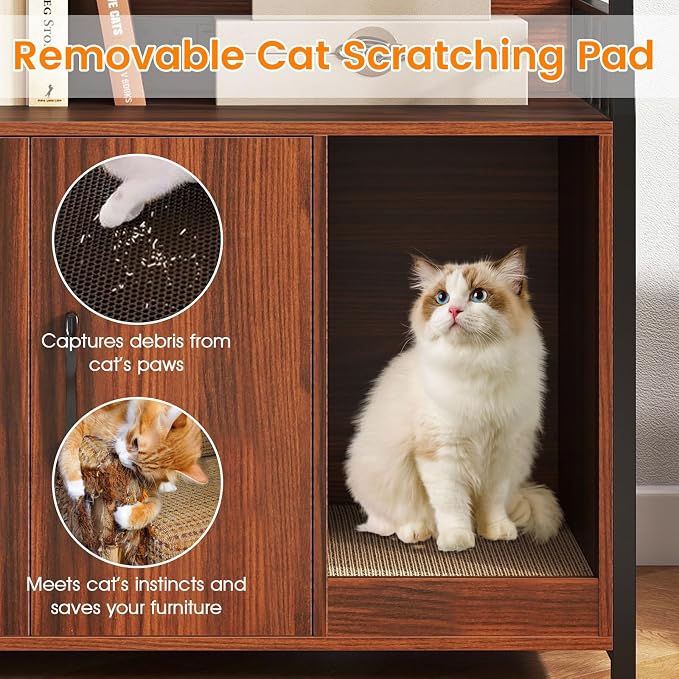 PETSITE Cat Litter Box Enclosure with Storage Shelves, 52 Inches Tall Hidden Litter Box with Charging Station, Scratching Board, and Winding Entry (Walnut) - Image 9