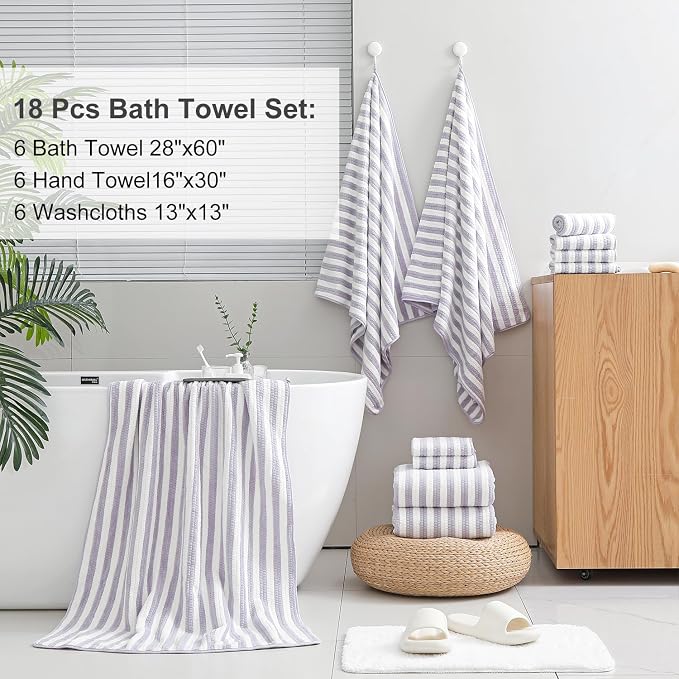 Smuge 18 Pcs Bath Towel Set, Include 6 Bath Towel Sheets, 6 Hand Towels and 6 Washcloths - Highly Absorbent Quick Dry Microfiber,Ultra Soft Bathroom Towel Set with Hanging Loop - Light Purple - Image 5