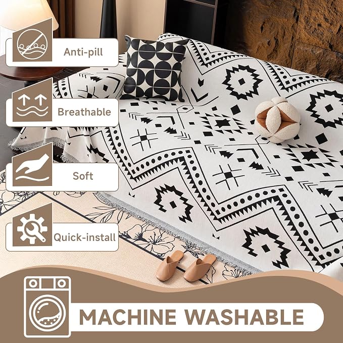 VClife Bohemian Sofa Cover Extra Large Couch Cover for 3-4 Cushion Couch Sofa, Black and White Aztec Geometric Chenille Sofa Slipcover for Home Decor 71" X 150" - Image 4