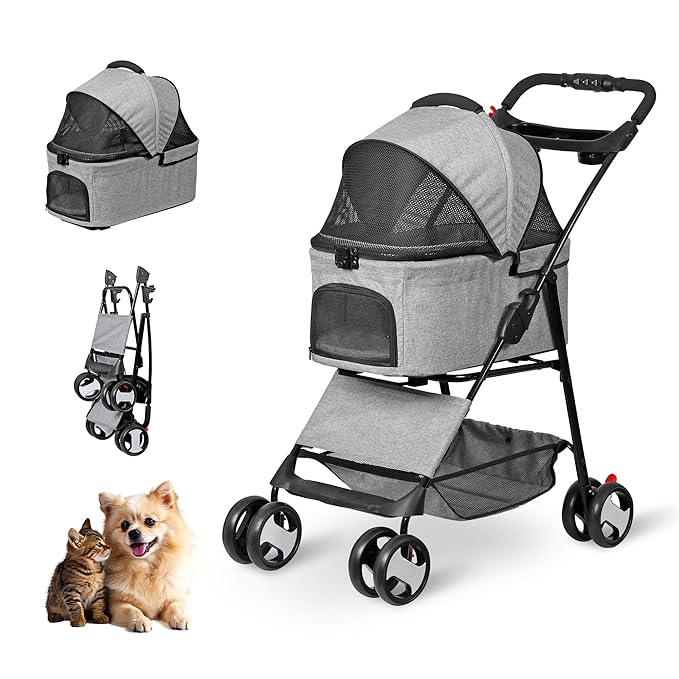 Pet Stroller 4 Wheels Dog Cat Stroller for Small Medium Dog Cats Carrier Jogger Travel Foldable Puppy with Detachable Carrier