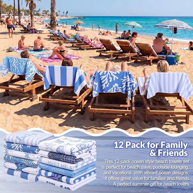 Frienda 12 Pack Coastal Ocean Seashell Beach Towels 71''x 32'' Large Microfiber Quick Dry Absorbent Bath Towels for Swimming Pool Beach Cruise Travel Gym Supplies - Image 5