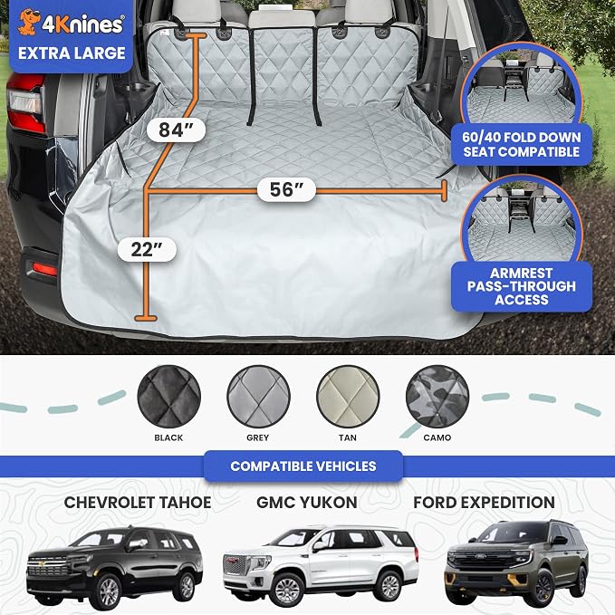 4Knines Split Cargo Liner for SUV – for Dogs & Pets, Heavy-Duty, Waterproof Trunk Mat & Cargo Cover – Fits 60/40 Split Bench & Armrest Pass-Through – Machine Washable, Non-Slip (Extra Large, Grey) - Image 2