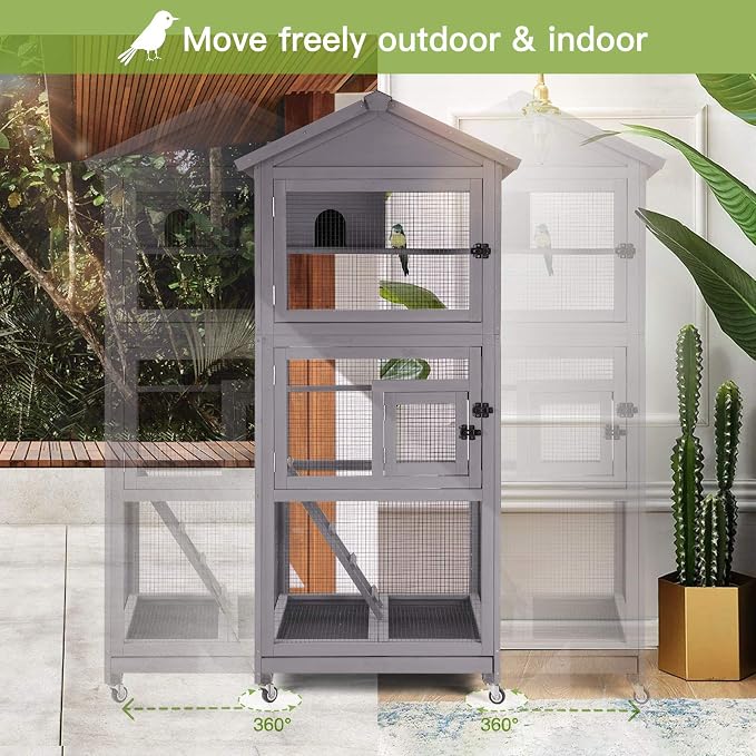 GUTINNEEN Outdoor Bird Aviary Wooden Large Bird Cage on Wheels, Featuring Play Stand, Perches, Nest Habitat, Include Wire Mesh Above Bottom Tray Easy to Clean | waterproof asphalt roof,32.7"x30.9"x70.8",slide-out tray with wire mesh,4 stainless steel w... - Image 2