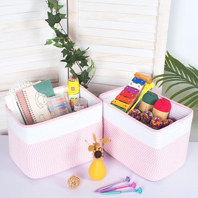 MINTWOOD Design 3-Pack Storage Baskets for Shelves, Decorative Baskets for Organizing, Woven Baskets for Storage, Book Basket, Cube Organizer, Cube Storage Bin Box, Closet Organizers, Light Pink - Image 3