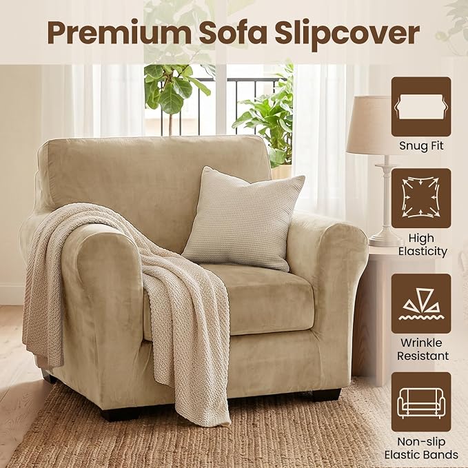 XINEAGE 2-Piece Velvet Armchair Sofa Cover, Couch Covers for Dog,Camel | 1 Cushion Chair,Stretch Non-slip Elastic, Pet-friendly, Washable, Fast Setup, Soft Plush Fabric, Furniture Protector. - Image 2