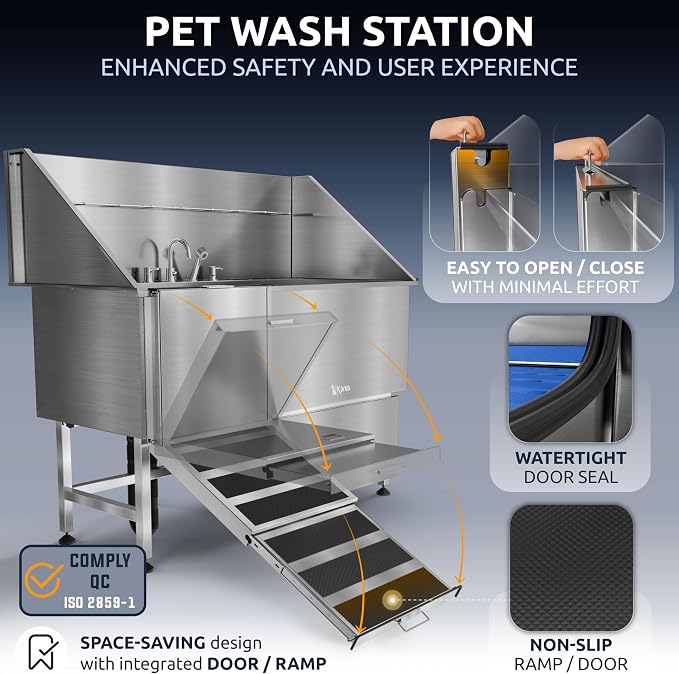 KANIS Professional Dog Washing Station 304 Stainless Steel Pet Wash Sink | Grooming Bathtub w/Shower, Floor Grates and Storage for Large, Medium & Small Pets (Silver, 61 Inches, Left Ramp, 1 Drawer) - Image 4