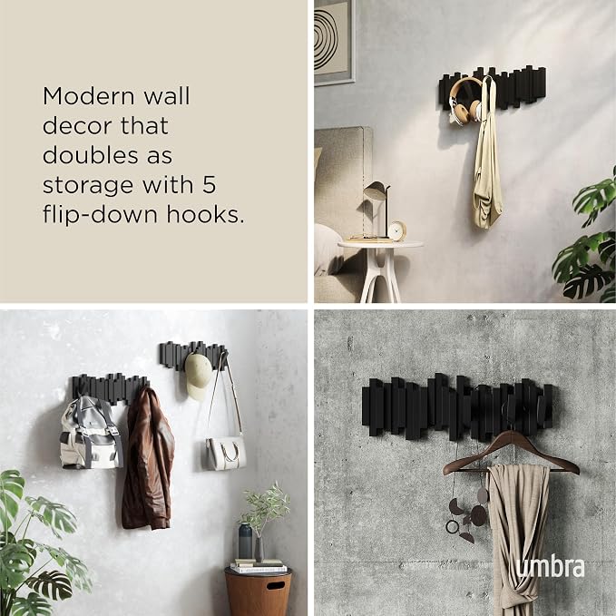 Umbra Sticks Wall Mount Coat Rack, 5 Hook Retractable Pegs, Black | Mounting hardware included, sculptural modern design, entryway or bedroom use, recycled plastic - Image 4