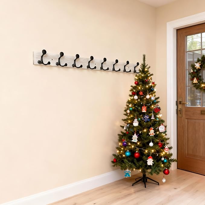 SKOLOO 43-Inch Wood Coat Rack Wall Mount with 8 Triple Hooks - Ideal for Family Entrances, Classrooms, and Pet Supplies Storage - Perfect Coat Hooks for Wall,Distressed White Wash - Image 5