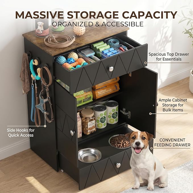 Pet Feeding Station with Storage, Raised Dog Bowls, Pet Feeder Cabinet, with Adjustable Shelves, Rolling Drawer, Hooks, for Feeding & Watering Supplies (Black) - Image 2