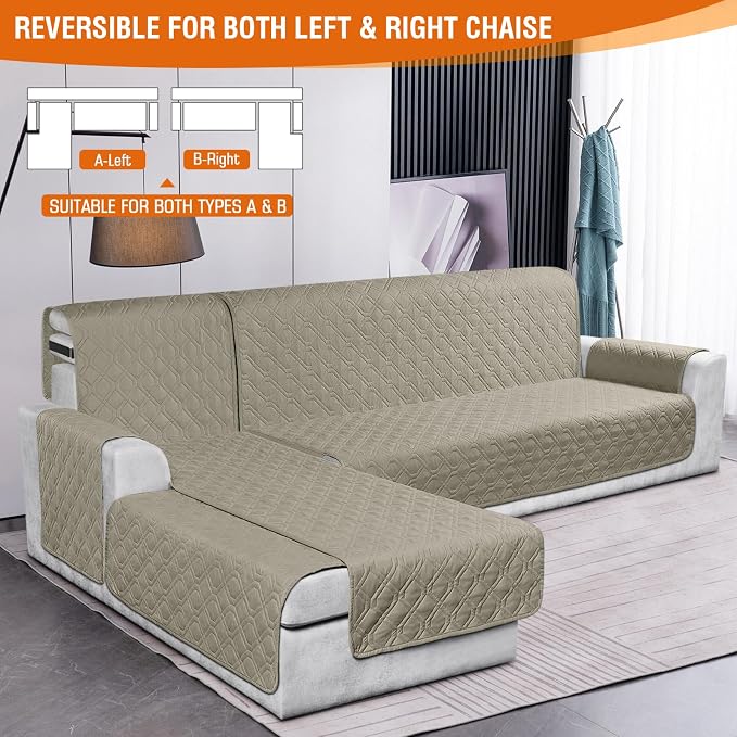 VANSOFY Sectional Couch Covers 100% Waterproof L Shaped Sofa Slipcover 3pcs Reversible Chaise Lounge Cover for Sectional Sofa Furniture Protector Cover for Pets Cat Dog(Small, Khaki) - Image 3