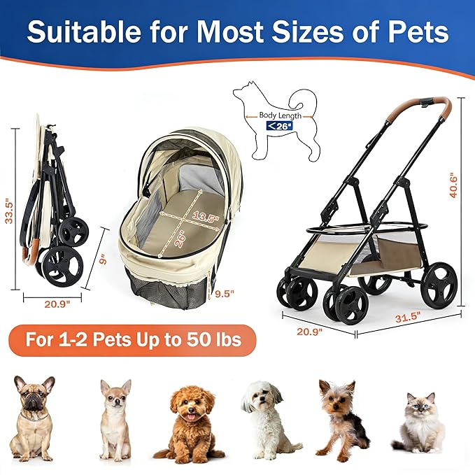 4 Wheels Pet Stroller for Small/Medium Dogs and Cats,Dog Stroller with Detachable Carrier and Storage Basket,One Click Folding, Compact Portable,Up to 50lbs,3 in1 Multifunctional(Grey)