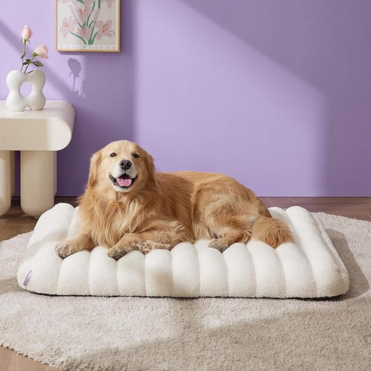 LE SURE Cute Orthopedic Dog Bed for Extra Large Dogs, XL Waterproof Chic Flat Pet Beds with Removable Washable Cover, Fuzzy Thick Egg Crate Foam Pet Mat for Indoor Use (44" x 32", Cream) by Lesure