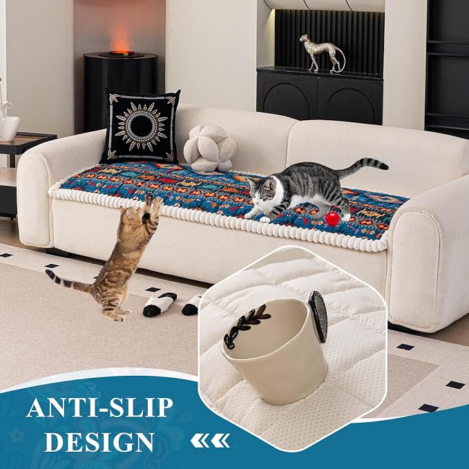 STACYPIK Blue Bohemian Jacquard Couch Cover for Pets, Thick Non Slip Sofa Cover for Loveseat, Washable Dog Furniture Protector for 3 Cuhsion Couch, L Shape Couch Cushion Cover Pets Mat Bed-27.6X82.7IN - Image 5