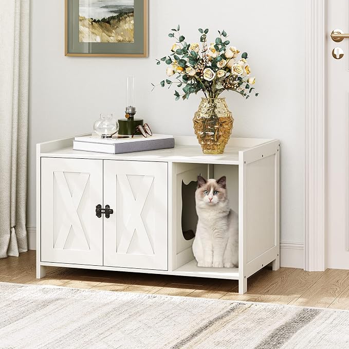 MAHANCRIS Cat Litter Box Enclosure, Hidden Litter Box Furniture with Divider, Indoor Cat House, Wooden Cat Washroom Storage Cabinet Bench, Side End Table Nightstand, White CWWT2501 - Image 6