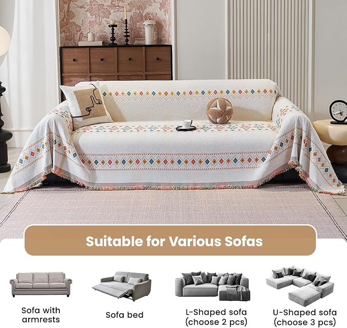 71"x71" Reversible Boho Chenille Couch Cover Sofa Slipcover for Dogs | Fade-Resistant Sofa Cover for 2-3 Cushion, L-Shape Sectional Sofa Soft Washable Furniture Protector with Tassel Anti-Scratch - Image 7