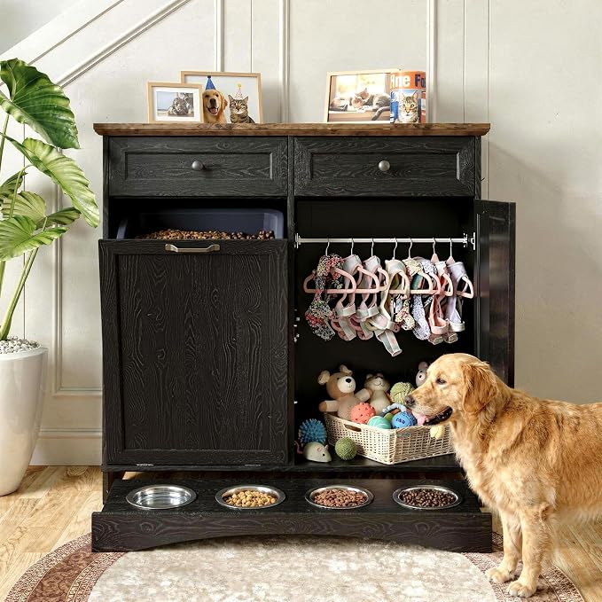 FIMELLO 39.7’’W Dual Doors Dog Food Storage Cabinet, Tilt-Out Dog Feeding Station with 4 Feeding Bowls, Pet Feeder Cabinet, Black Grain by FimelloHome