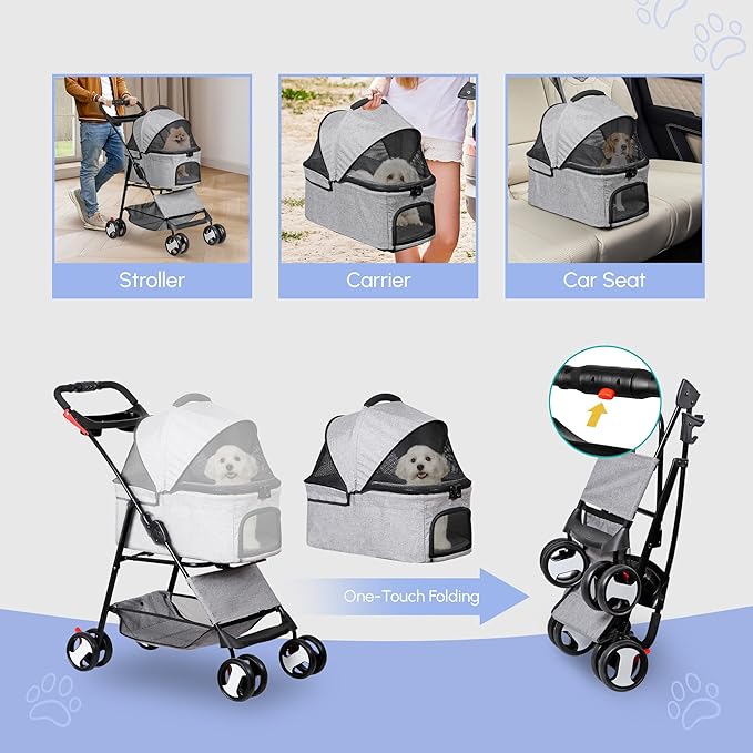 Pet Stroller 4 Wheels Dog Cat Stroller for Small Medium Dog Cats Carrier Jogger Travel Foldable Puppy with Detachable Carrier
