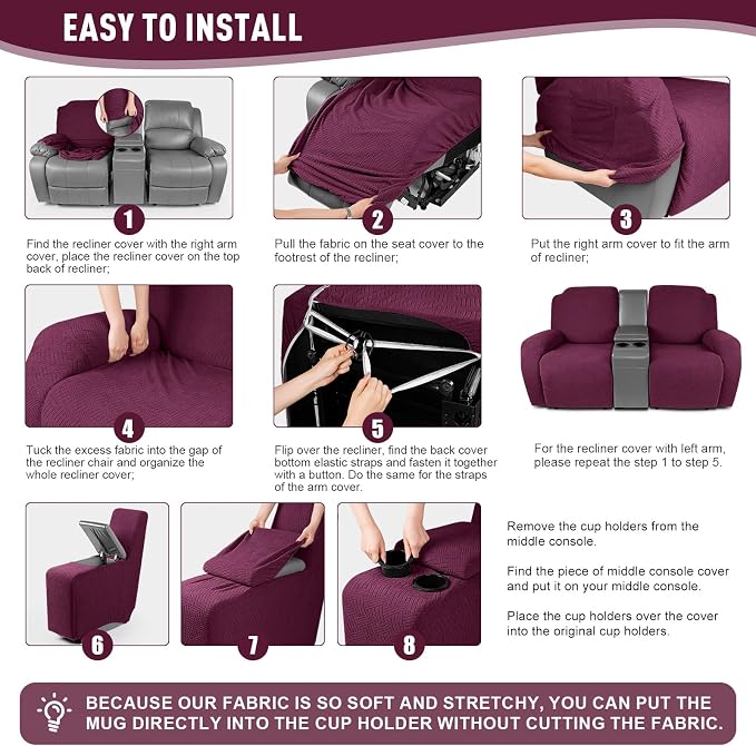KinCam Loveseat Recliner Covers with Middle Console Slipcover, Burgundy | Stretch Recliner Sofa Covers for 2 Seat Couch Cover, Jacquard Furniture Protector Covers with Elastic Bottom for Kids, Pets - Image 5