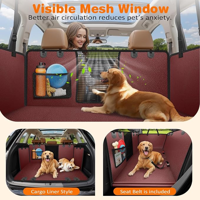 URPOWER Hard Bottom Dog Car Seat Cover for Back Seat, Waterproof Hammock | 400 lbs Support, 45% More Space, PU Leather, Waterproof, Scratch Resistant, Non-Slip, Mesh Window, Dog Seat Belt Included - Image 4