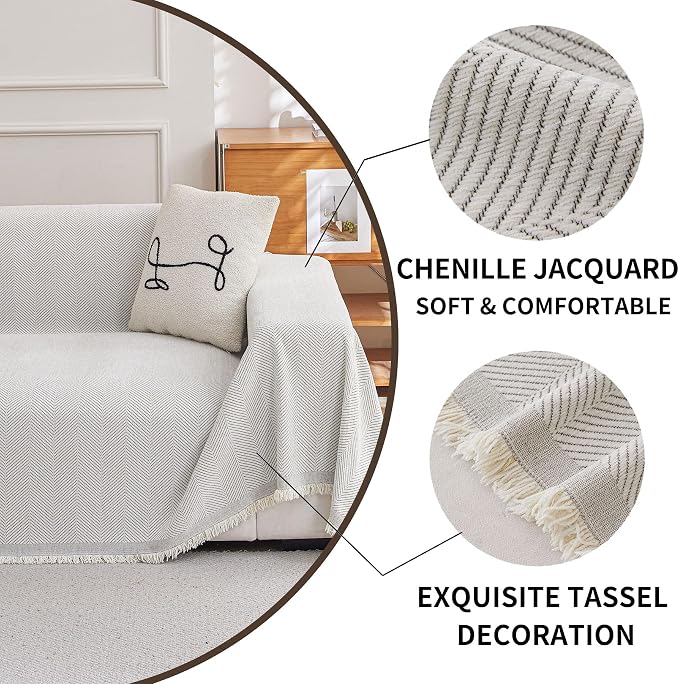 HAOMAIJIA Non Slip Couch Cover Sofa Covers for 3 Cushion Couch Washable sectional Couch Covers for Dogs pet Furniture Protector Couch Cover Blanket for Living Room (Off White, 91"x134") - Image 8