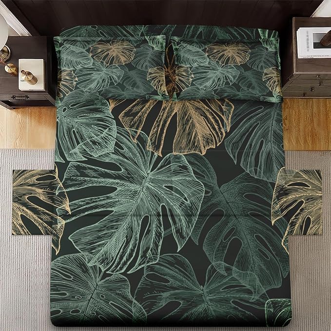 WeCozy Full Size Bed Sheet Sets with Pillowcases, Green Golden Tropical 4 Pcs Soft Microfiber Bedding for Kids and Adults, Leaves Monstera Palm Flat, Fitted Sheet for Bedroom Bed Decor - Image 3