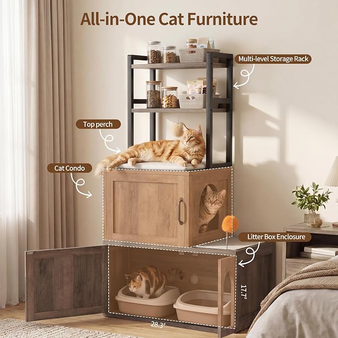 Heybly Cat Litter Box Enclosure Furniture, Double Hidden Litter Box Cabinet with Cat Tree, Large Litter Box Enclosure with Shelves & Storage, Cat House for 2 Cats, Cat Box Enclosure, Greige HCLB002SG - Image 2