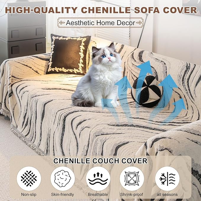 ROOMLIFE Couch Cover 3 Cushion Sofa, Washable Non Slip Furniture Sofa Protector Cover, Soft Chenille Sofa Slipcovers Sectional L Shape Dogs Couch Cover Throw Blanket with Tassels 71''X118'' - Image 2