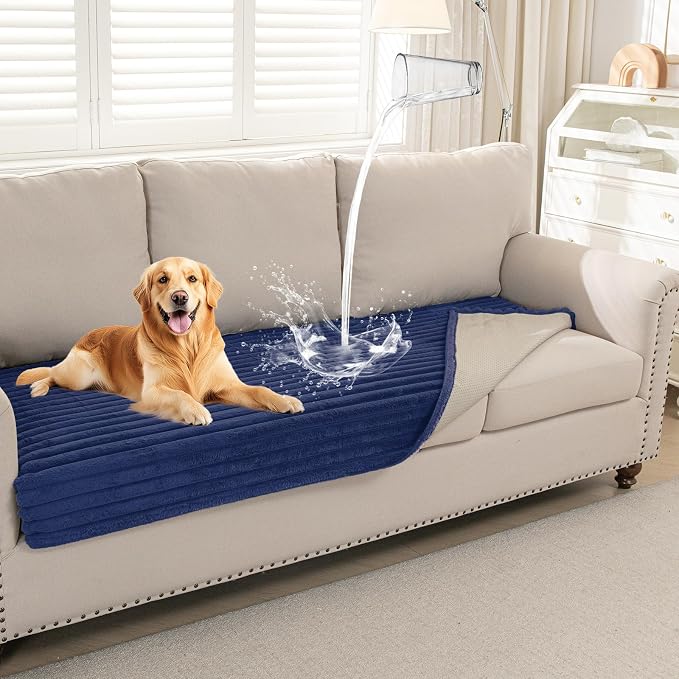 Deep Dream Waterproof Couch Cover for Dogs, Soft Faux Fur Sofa Covers for Pet, Non-Slip Couch Covers for 3 Cushion Couch Sofa Pet Friendly (Navy Blue, 35" x 82") by DeepDream