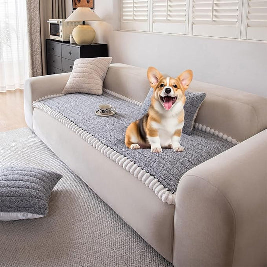 STACYPIK Light Gray Dogs Couch Cover, Thick Non Slip Sofa Cover for 3 Cushion Couch, Washable Fuzzy Pet Friendly Geometric Furniture Protector, Multi-use Dog Mat for Couches and Sofas-27.6x82.7IN by STACYPIK