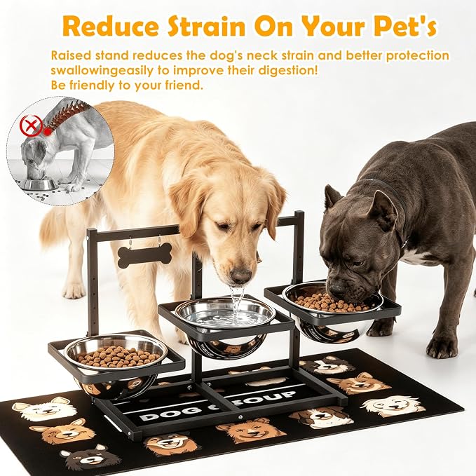 Extra Large Elevated Dog Bowl Stand for Multiple Dogs – 6 Height Adjustable Raised Stand with 3×101oz Stainless Steel Bowls & Non-Slip Mat for XLarge Breeds - Image 2