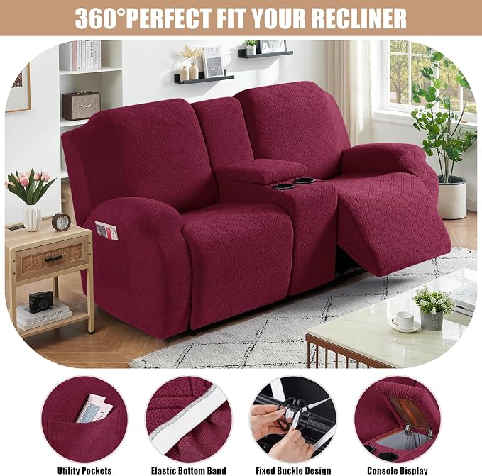VANSOFY Recliner Loveseat Cover with Middle Console Stretch Reclining Sofa Slipcover for 2 Seat Jacquard Reclining Couch Sofa Covers Furniture Protector with Elastic Straps Bottom (Burgundy) | 4-Pieces, Soft Furniture Protector, Washable Slipcover with... - Image 5