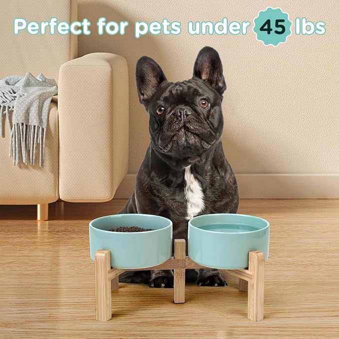 SPUNKYJUNKY Elevated Dog Bowls Ceramic, 6.1'' Dogs and Cat Food Water Bowls Raised with Non-Slip Bamboo Stand for Medium Sized Breed Microwave Dishwasher Safe - 28.7 OZ,Light Green - Image 7