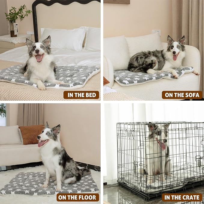 Mora Pets Dog Bed Crate Pad Ultra Soft Pet Bed with Cute Star Print Washable Crate Mat for Large Medium Small Dogs Reversible Fleece Dog Crate Kennel Mat Cat Bed Liner 22-Inch Grey - Image 4