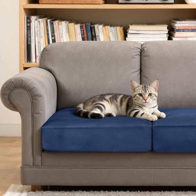 CHUN YI Velvet Couch Cushion Covers, 2PC Water Resistant Loveseat Cushion Covers for 2 Cushion Couch, Individual Seat Cushion Covers Cushion Protector Slipcovers for Pets (2 Pack, Navy Blue) - Image 6