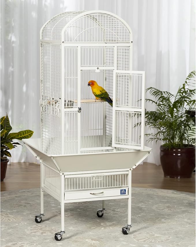 Prevue Pet Products Dome Top Bird Cage - Powder‑Coated Steel Cage with Wheels, Push Button Locks, Seed Guards and Perch, Ideal for Cockatiels, and All Small-Medium Sized Birds - Chalk White - Image 3