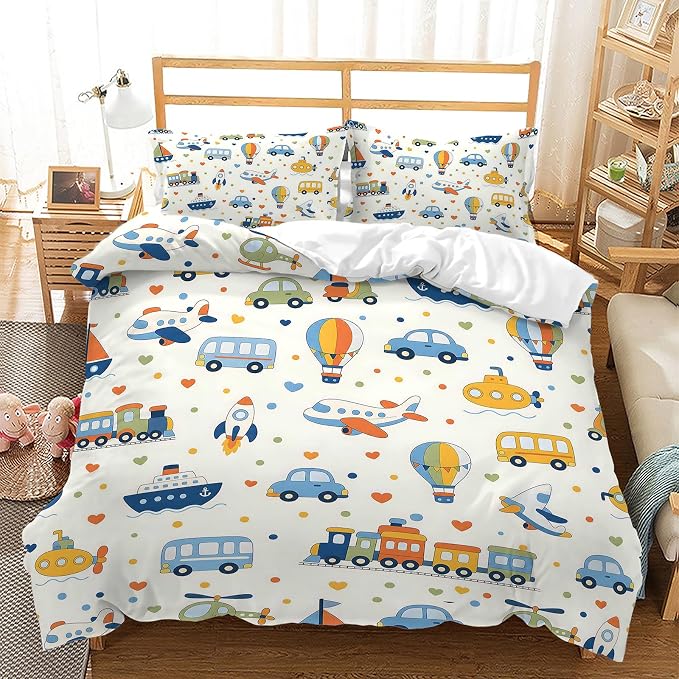 AILONEN Transport Mix Twin Duvet Cover Set 3 Piece, Train Rocket Printed Bedding with 2 Pillowcases, Microfiber Zipper Closure, Kids Dorm Room by AILONEN