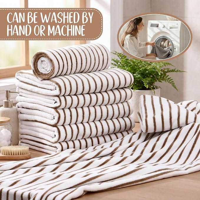 SmoothNovelty 8 Pack Microfiber Bath Towels Bulk 27'' x 60'' Oversized Bath Towel Highly Absorbent Extra Large Shower Sheets Soft Drying for Beach Pool Bathroom Salon Party(Thin Stripe,Camel) - Image 4