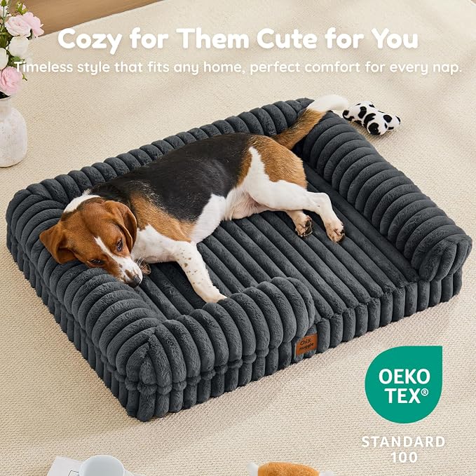 ChiXnuggle Faux Fur Orthopedic Dog Bolster Bed, Waterproof Washable Cover | rectangular dog sofa couch,egg crate foam,non-slip bottom,for large dogs,dark grey,35*28*7 - Image 8
