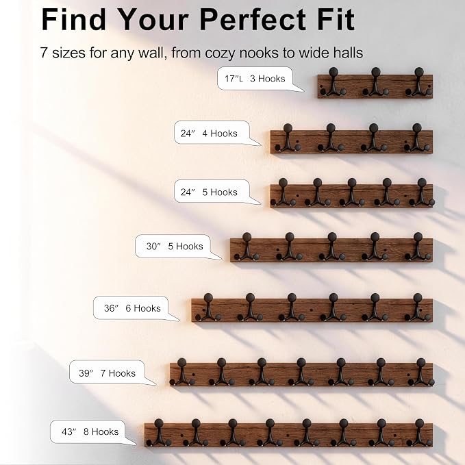 SKOLOO 24-Inch Wood Coat Rack Wall Mount with 4 Triple Hooks - Ideal for Family Entrances, Classrooms, and Pet Supplies Storage - Perfect Coat Hooks for Wall,Charred Golden Brown, Pack of 2 - Image 6