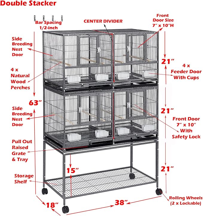 Double Stackable Sturdy Wrought Iron Center Divided Side Nesting Box Doors Breeder Breeding Bird Flight Double Rolling Cage for Aviaries Canaries Cockatiels Lovebirds Finches Budgies Small Parrots - Image 2