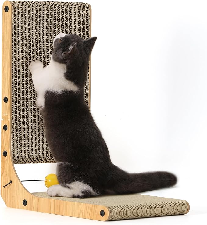 FUKUMARU Cat Scratcher, 18.9 Inch L Shaped Cat Scratch Pad for Indoor Cats | Vertical Cat Scratching Board with Ball Cat Toy, Cardboard Cat Scratcher for Wall Sofa Couch, Kitten Scratching Post by FUKUMARU