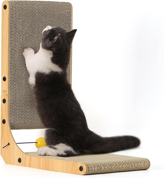 FUKUMARU Cat Scratcher, 18.9 Inch L Shaped Cat Scratch Pad for Indoor Cats | Vertical Cat Scratching Board with Ball Cat Toy, Cardboard Cat Scratcher for Wall Sofa Couch, Kitten Scratching Post by FUKUMARU