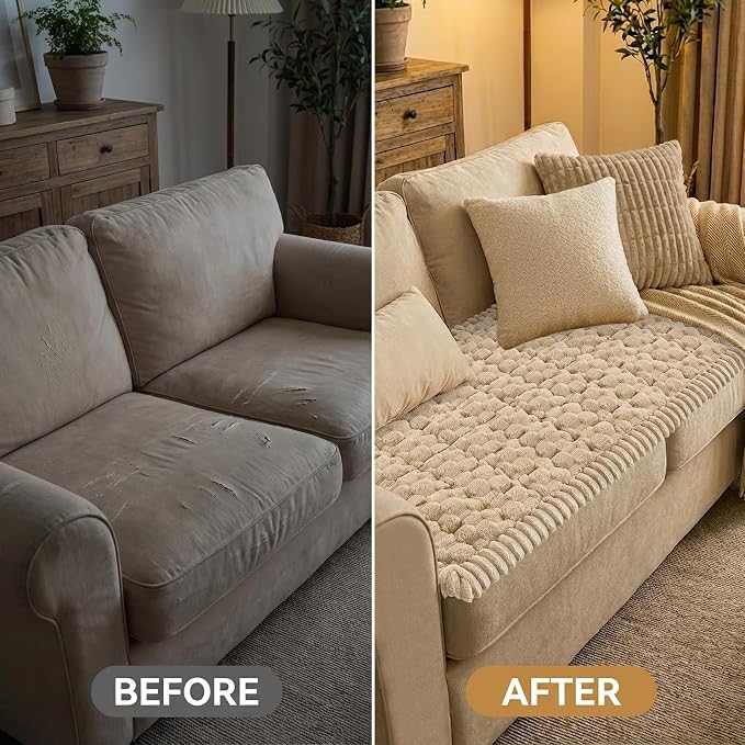 Smiry Non Slip Couch Covers for Dogs, Scratch Resistant Pet Sofa Protector | Machine Washable Soft Fuzzy Thick Furniture Cover for Sofa Loveseat Sectional Large Dogs, Khaki, 35.4" x 95" - Image 7