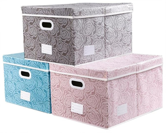 PRANDOM Extra Large Collapsible Storage Cubes with Lids Fabric Decorative Storage Bins Boxes Organizer Baskets with Cover Handles for Bedroom Closet Living Room 19.6x15.7x11.8 Inch 3 Pack by Prandom