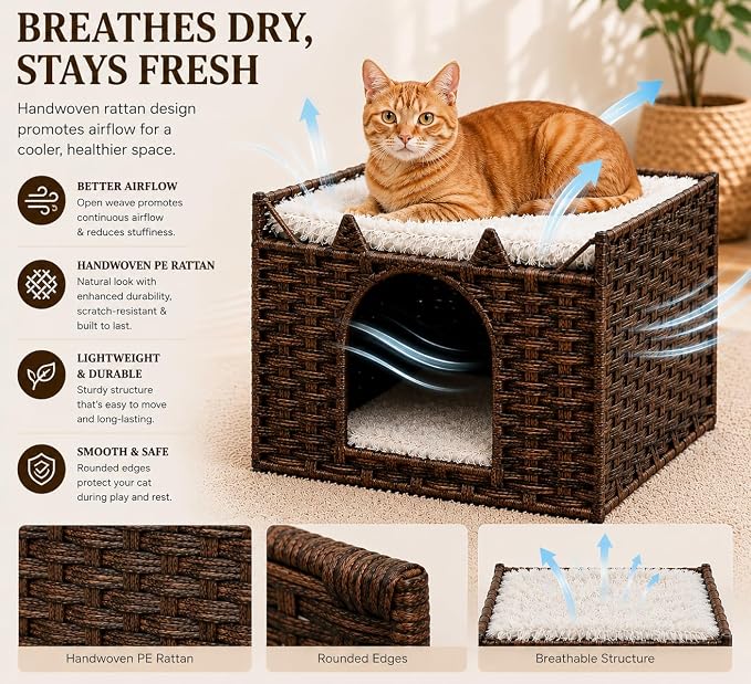 Cat Bed with Ears - Handwoven Rattan Cat Cave House for Indoor Kittens, Foldable Hideaway with 2 Removable Cushions, 16.5x16.5x13.2 Inch Natural Pet Cube for Living Room/Bedroom Brown - Image 4