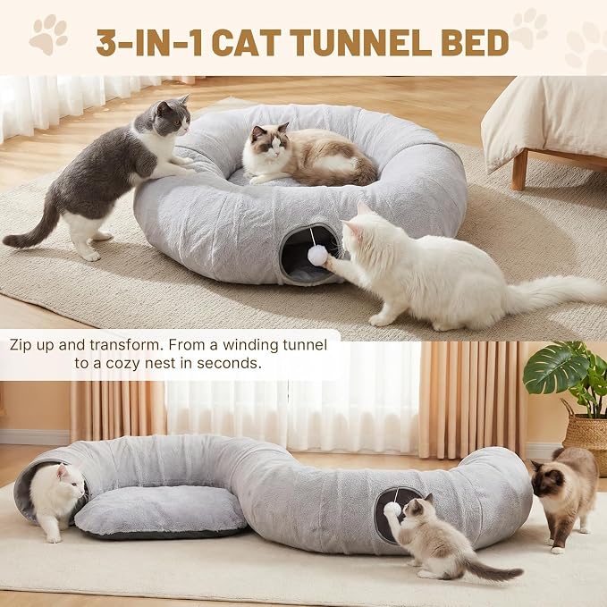 Extra Large Cat Tunnel, 47.2in Multi-Cat Family Big Cat Tunnel for Cats, Long Cat Tunnel Bed with Washable Plush Mat, XXL Pet Play Tunnel Toy for Cats, Puppy, Rabbits Grey - Image 4
