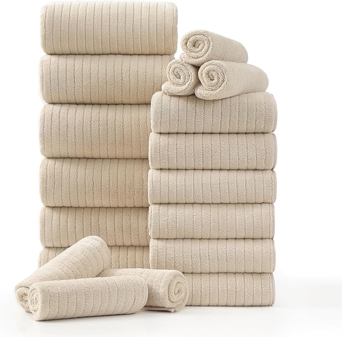18 Piece Family Bath Towel Set Include 6 Bath Towels,6 Hand Towels and 6 Washcloths Soft Bathroom Towel with Hanging Loops,Highly Absorbent Quick Dry Towels Set for Bathroom,Hotel and Spa-Beige by Hailea