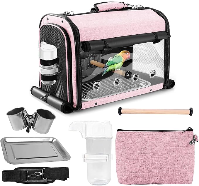 Bird Carrier Bag with Stand, Lightweight Backpack for Parrot, Portable Cockatiel Travel Cage with Accessories, Pet Transparent Breathable Carrier, Pink - Image 3