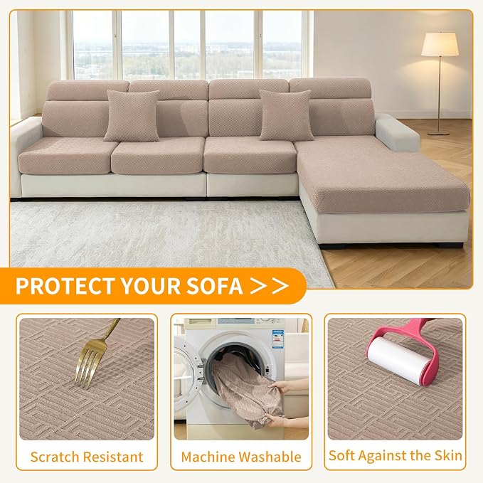 XINEAGE Couch Cushion Covers,Loveseat Sofa Seat Slipcovers for Pets,Non Slip Sofa Seat Cover Washable,Sofa Slipcovers with Elastic Bottom(1 Piece Sofa Cushion Cover,Khaki) - Image 6